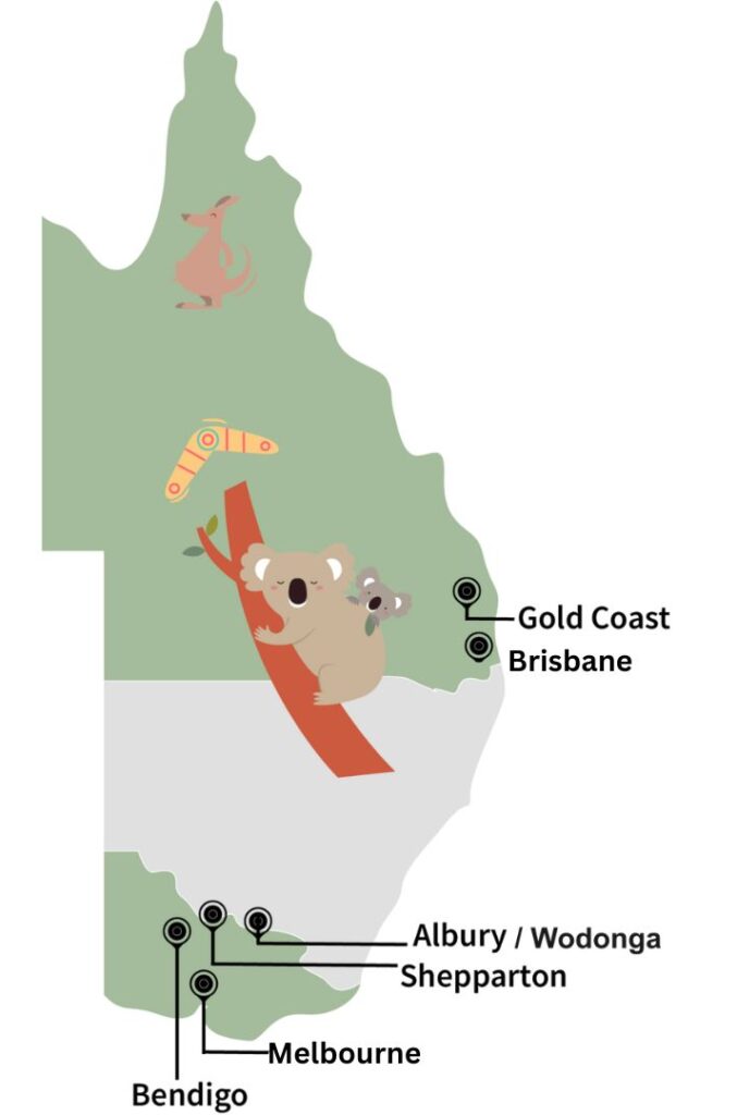 Appetite for Nutrition service map showing Melbourne, Brisbane, Gold Coast, and regional Victoria