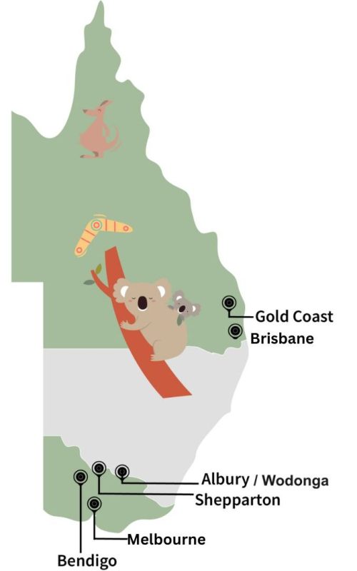 Montserrat Medium Appetite for Nutrition service map showing Melbourne, Brisbane, Gold Coast, and regional Victoria